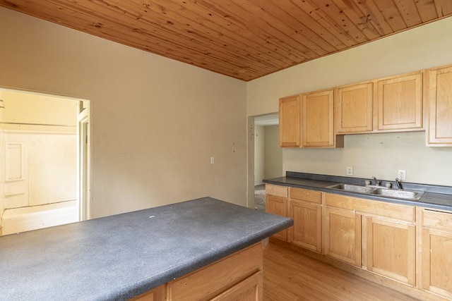 717 2nd Ave NE, Waseca, MN 56093 - kitchen with a sink, light brown cabinets, dark countertops, wood ceiling, and light wood finished floors