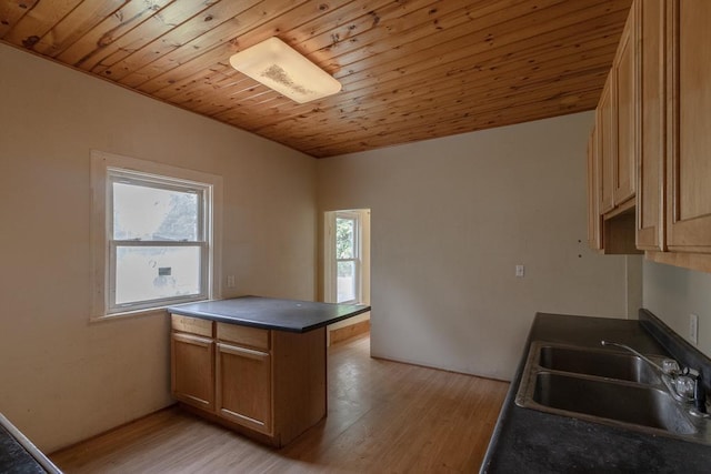 717 2nd Ave NE, Waseca, MN 56093 - kitchen with a sink, dark countertops, light wood finished floors, a peninsula, and wood ceiling