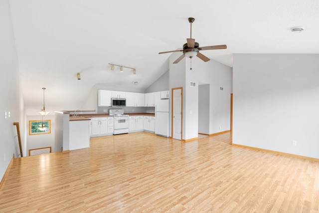 5423 Elm Grove Ave, New Hope, MN 55428 - unfurnished living room with light wood finished floors, a ceiling fan, and high vaulted ceiling