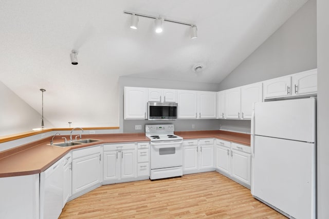 5423 Elm Grove Ave, New Hope, MN 55428 - kitchen with white appliances, lofted ceiling, track lighting, white cabinets, and light wood-style floors