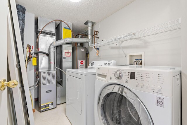 5423 Elm Grove Ave, New Hope, MN 55428 - washroom featuring electric water heater, washing machine and clothes dryer, and a textured ceiling