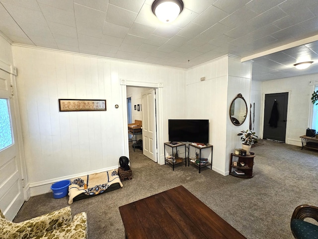 702 Junius Ave, Fergus Falls, MN 56537 - carpeted living room with crown molding and baseboards