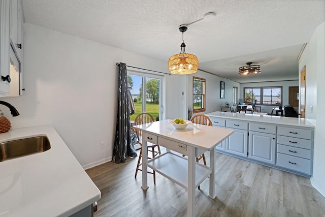 6567 Shore Trl N, Forest Lake, MN 55025 - kitchen featuring light wood-type flooring, healthy amount of natural light, light countertops, and a textured ceiling