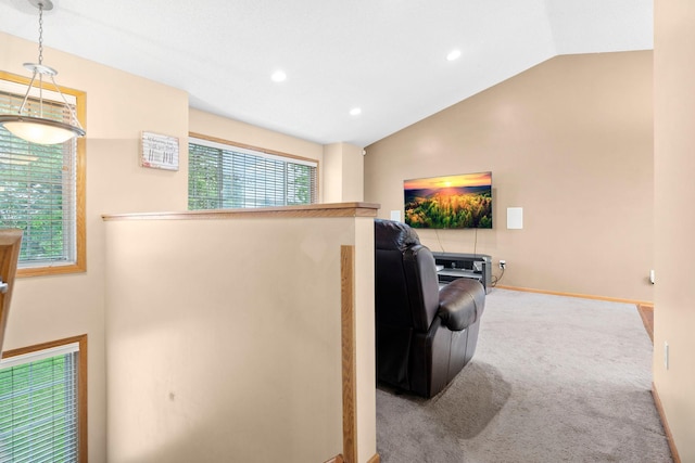 3168 Molina St, Shakopee, MN 55379 - living area featuring vaulted ceiling, carpet floors, and recessed lighting