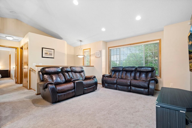 3168 Molina St, Shakopee, MN 55379 - carpeted living room featuring lofted ceiling and recessed lighting