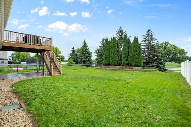 3168 Molina St, Shakopee, MN 55379 - fenced backyard with a trampoline, stairs, and a wooden deck