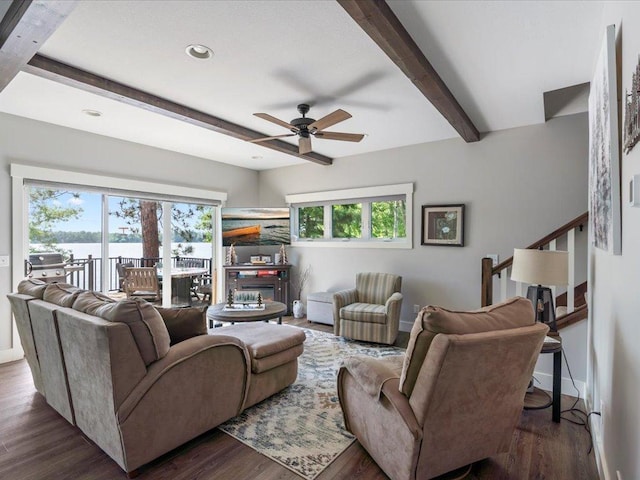 12144 Sylvan Dr SW, Sylvan Twp, MN 56473 - living area with beamed ceiling, a ceiling fan, dark wood finished floors, a water view, and recessed lighting