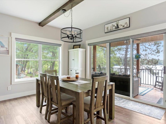12144 Sylvan Dr SW, Sylvan Twp, MN 56473 - dining space featuring beam ceiling, light wood finished floors, and a chandelier