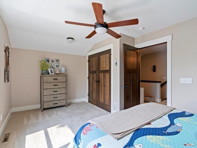 12144 Sylvan Dr SW, Sylvan Twp, MN 56473 - bedroom with light colored carpet, a closet, lofted ceiling, and ceiling fan