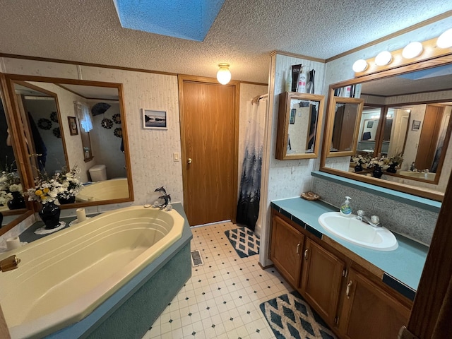 23324 State Highway 107, Grasston, MN 55030 - full bathroom featuring crown molding, a textured ceiling, a garden tub, vanity, and tile patterned floors