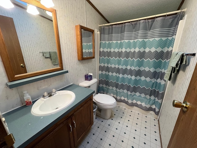 23324 State Highway 107, Grasston, MN 55030 - bathroom featuring vanity, a textured ceiling, tile patterned floors, and a shower with shower curtain