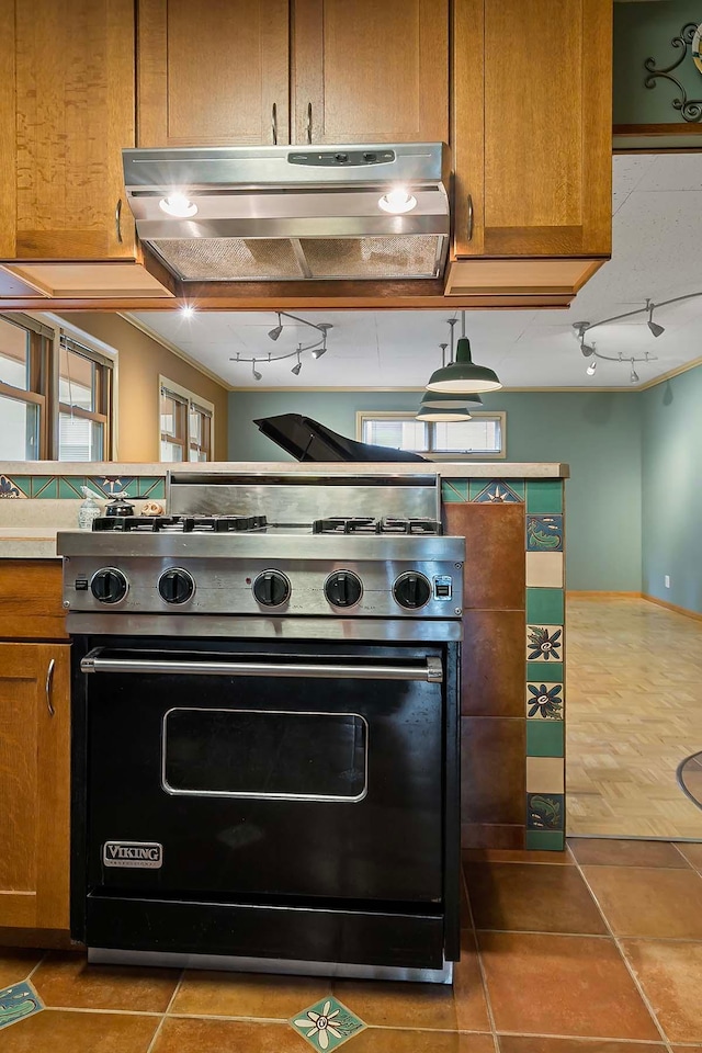 895 Front, Saint Paul, MN 55103 - kitchen featuring gas range oven, range hood, rail lighting, and brown cabinets