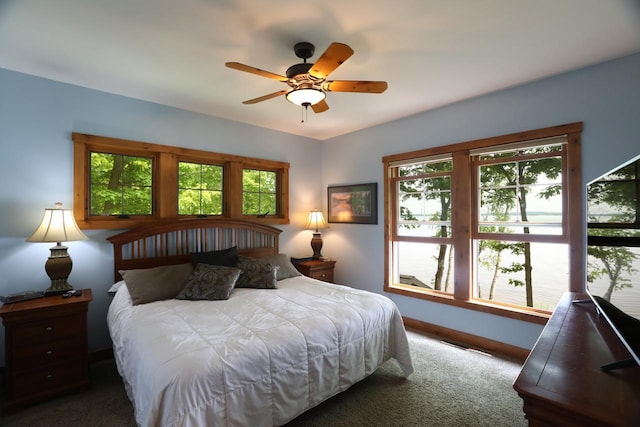 2438 Birch Point Rd, Greenwood Twp, MN 55790 - bedroom with baseboards, carpet flooring, and ceiling fan