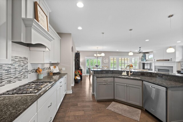 3710 Talero Curv, Chaska, MN 55318 - kitchen featuring a sink, stainless steel appliances, gray cabinets, a fireplace, and ceiling fan