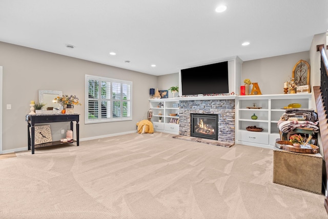 3710 Talero Curv, Chaska, MN 55318 - living area featuring a stone fireplace, carpet, recessed lighting, and baseboards
