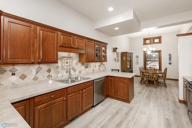 1365 Highpointe Dr N, Fargo, ND 58102 - kitchen featuring stainless steel dishwasher, light countertops, a peninsula, a chandelier, and backsplash