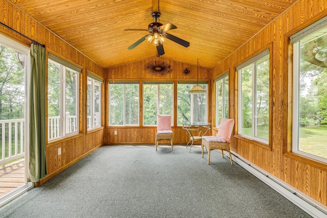 10275 Park Cir, Pine City, MN 55063 - sunroom / solarium featuring wooden walls, lofted ceiling, carpet floors, a baseboard heating unit, and wood ceiling