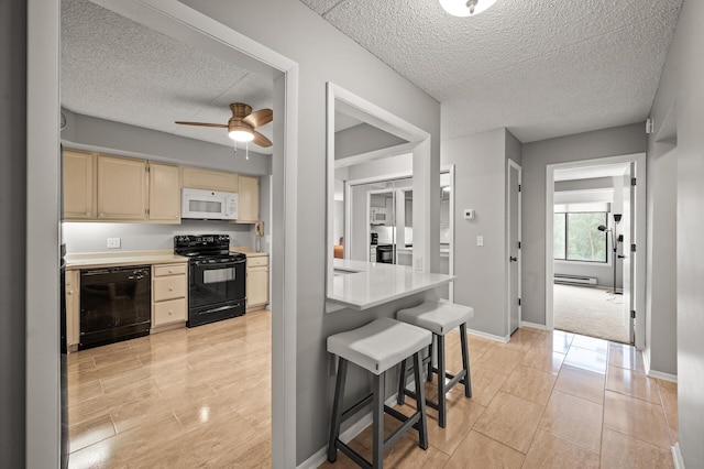 2455 Londin Ln E Unit 216, Maplewood, MN 55119 - kitchen featuring black appliances, a textured ceiling, ceiling fan, light brown cabinets, and a breakfast bar