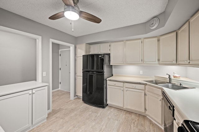 2455 Londin Ln E Unit 216, Maplewood, MN 55119 - kitchen featuring freestanding refrigerator, ceiling fan, light countertops, light wood-type flooring, and dishwashing machine