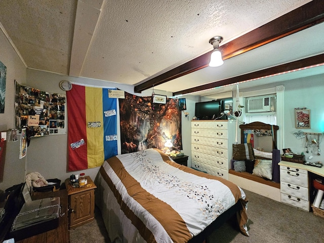214 Vasa Ave, Fergus Falls, MN 56537 - carpeted bedroom featuring a textured ceiling, a wall mounted AC, and beam ceiling