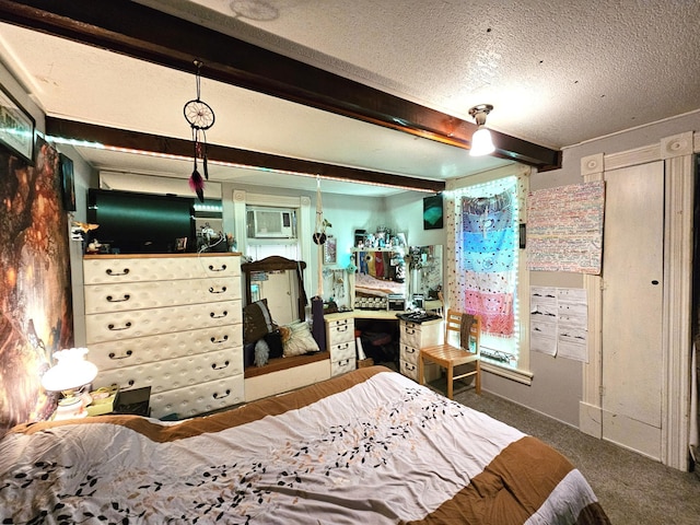 214 Vasa Ave, Fergus Falls, MN 56537 - bedroom with carpet floors, a textured ceiling, and beamed ceiling