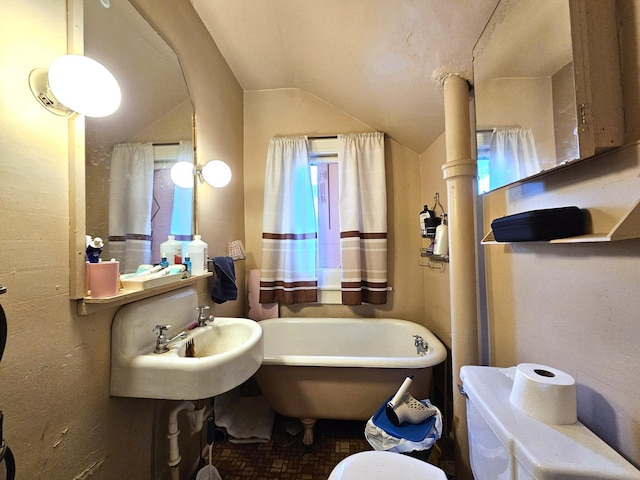 214 Vasa Ave, Fergus Falls, MN 56537 - bathroom featuring vaulted ceiling, a freestanding tub, toilet, and a sink