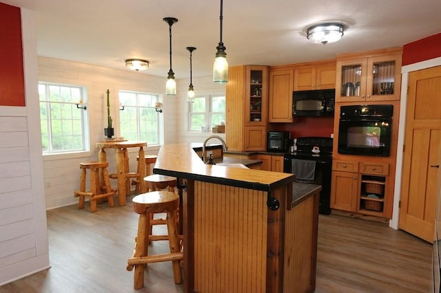39192 460th Ave, Perham, MN 56573 - kitchen featuring black appliances, a sink, wood finished floors, and a kitchen breakfast bar