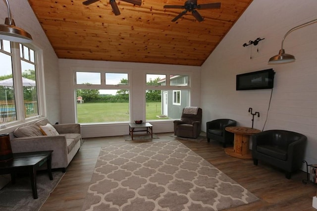 39192 460th Ave, Perham, MN 56573 - living room featuring ceiling fan, wood ceiling, healthy amount of natural light, high vaulted ceiling, and wood finished floors