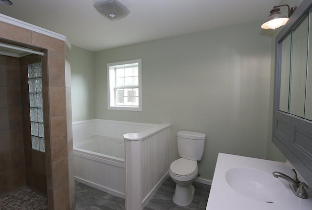 39192 460th Ave, Perham, MN 56573 - bathroom featuring toilet, a bath, vanity, and a tile shower