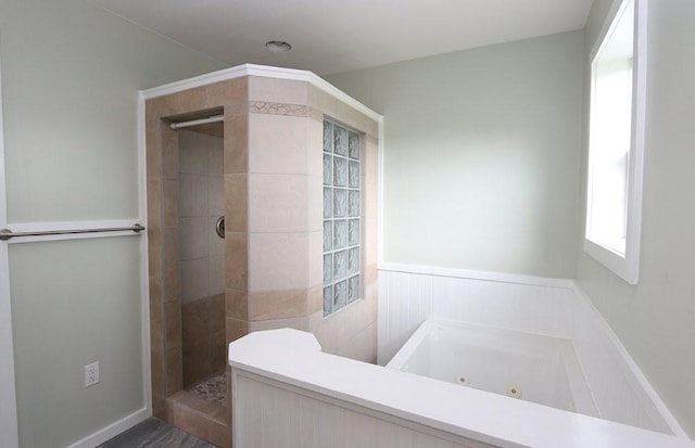 39192 460th Ave, Perham, MN 56573 - full bathroom with a tub with jets, walk in shower, and a wainscoted wall