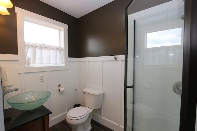 39192 460th Ave, Perham, MN 56573 - bathroom featuring a wainscoted wall, a shower stall, toilet, wood finished floors, and a decorative wall