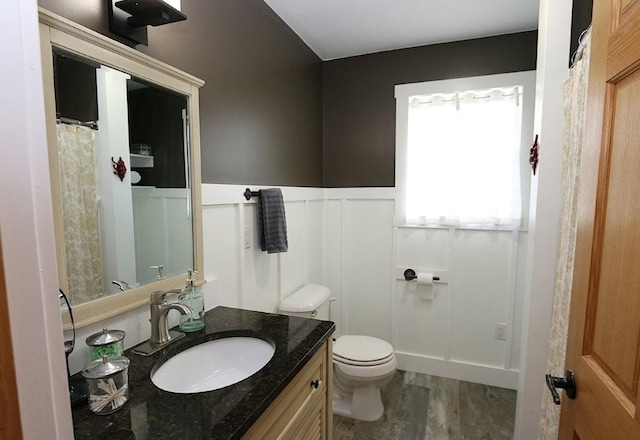 39192 460th Ave, Perham, MN 56573 - bathroom with vanity, wood finished floors, wainscoting, toilet, and a decorative wall