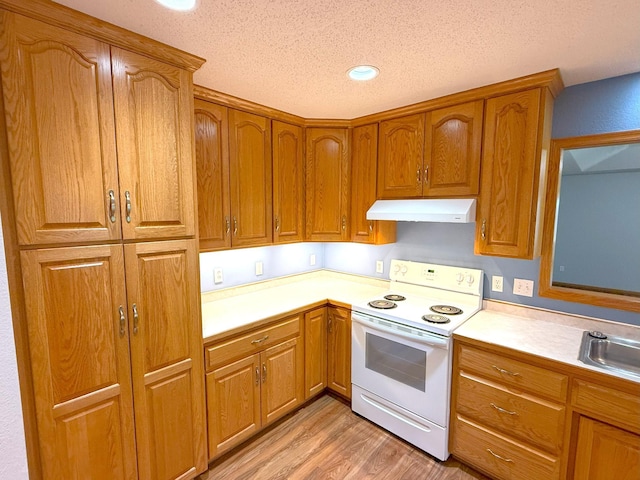 1423 Fairview Ln, Little Falls, MN 56345 - kitchen with white electric range, under cabinet range hood, light wood-style floors, light countertops, and a textured ceiling