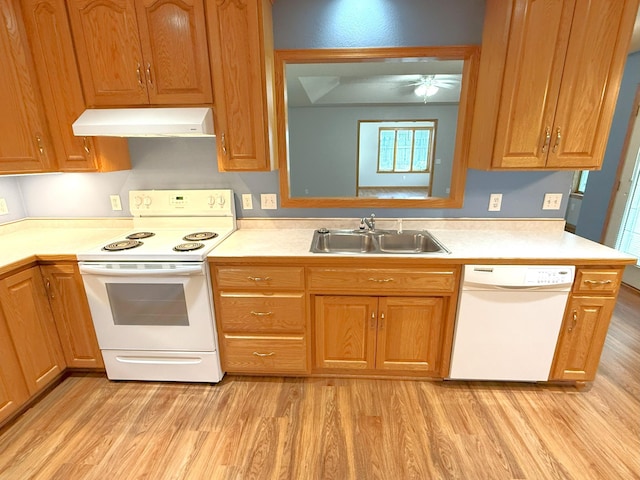 1423 Fairview Ln, Little Falls, MN 56345 - kitchen featuring white appliances, under cabinet range hood, light wood-type flooring, light countertops, and a ceiling fan