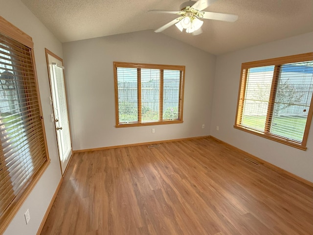 1423 Fairview Ln, Little Falls, MN 56345 - empty room featuring light wood-style flooring, healthy amount of natural light, lofted ceiling, ceiling fan, and a textured ceiling