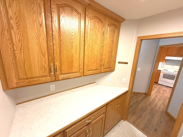 1423 Fairview Ln, Little Falls, MN 56345 - kitchen with white range with electric stovetop, light wood-type flooring, light countertops, and under cabinet range hood