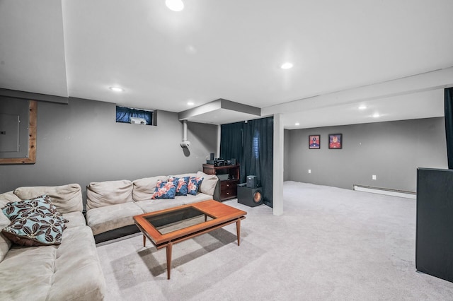 677 Quinnell Ave N, Lakeland, MN 55043 - living room featuring a baseboard radiator, recessed lighting, and carpet floors