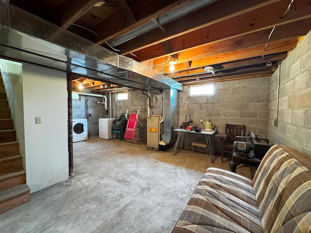 3883 Pleasant Ln, Fayal Twp, MN 55734 - basement with heating unit, washing machine and clothes dryer, and stairway