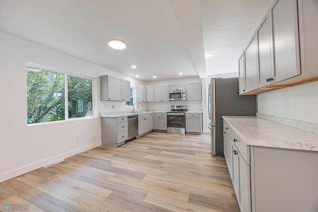 1814 5th St N, Fargo, ND 58102 - kitchen featuring stainless steel appliances, gray cabinetry, a sink, light wood finished floors, and recessed lighting
