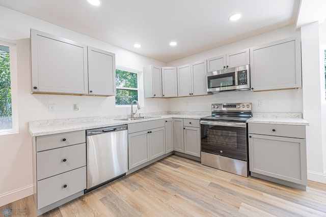 1814 5th St N, Fargo, ND 58102 - kitchen with appliances with stainless steel finishes, gray cabinets, a sink, light wood-type flooring, and recessed lighting