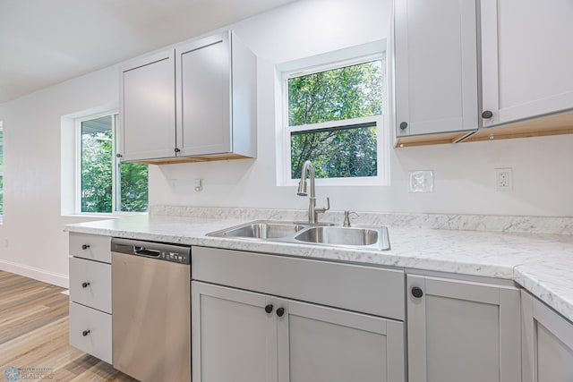 1814 5th St N, Fargo, ND 58102 - kitchen with dishwasher, a sink, light wood-style floors, and light countertops