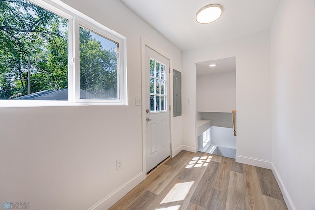1814 5th St N, Fargo, ND 58102 - doorway to outside with electric panel, light wood-style flooring, and baseboards