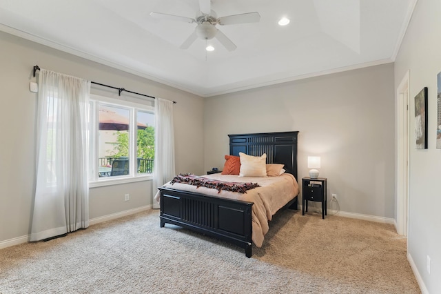 13478 Clearwater Cir, Rogers, MN 55374 - bedroom featuring carpet, crown molding, a tray ceiling, recessed lighting, and ceiling fan
