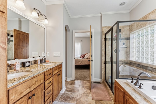 13478 Clearwater Cir, Rogers, MN 55374 - full bathroom featuring a garden tub, a stall shower, double vanity, ornamental molding, and connected bathroom