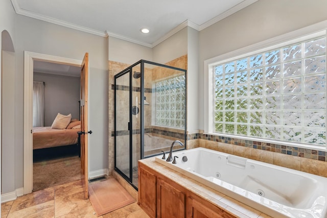 13478 Clearwater Cir, Rogers, MN 55374 - ensuite bathroom with ornamental molding, a tub with jets, a shower stall, and recessed lighting