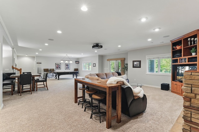 13478 Clearwater Cir, Rogers, MN 55374 - living area featuring recessed lighting, light colored carpet, crown molding, billiards, and stairway
