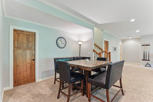 13478 Clearwater Cir, Rogers, MN 55374 - dining room with light carpet, stairs, ornamental molding, and recessed lighting