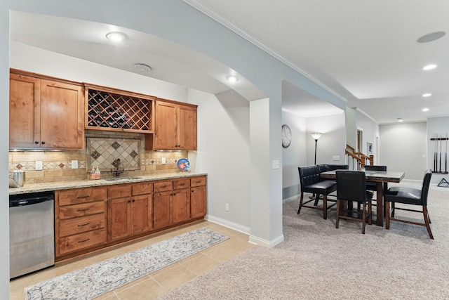13478 Clearwater Cir, Rogers, MN 55374 - indoor bar with stainless steel dishwasher, ornamental molding, light carpet, backsplash, and recessed lighting