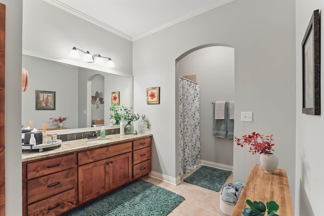 13478 Clearwater Cir, Rogers, MN 55374 - full bathroom with vanity, crown molding, curtained shower, and tile patterned flooring