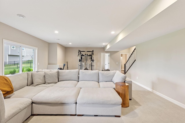 5175 White Star Ln, Woodbury, MN 55129 - living room with light colored carpet, baseboards, stairs, and recessed lighting